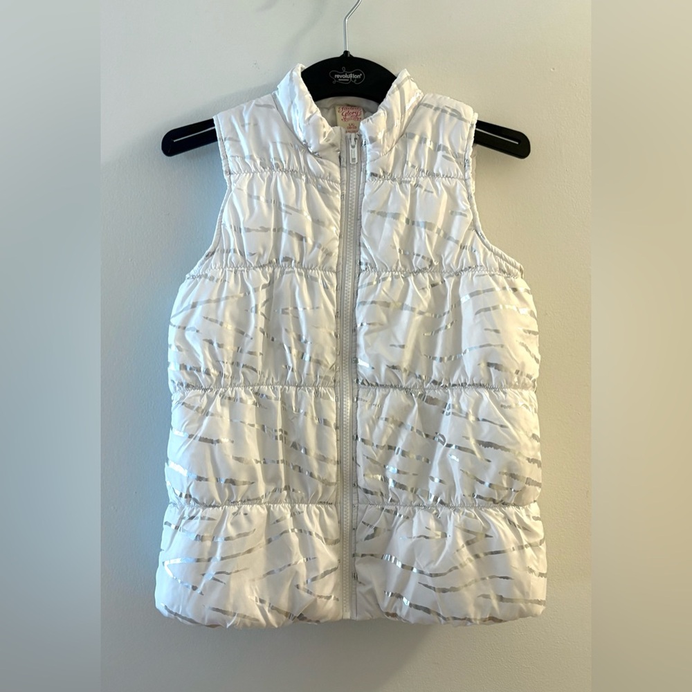 Faded Glory, White and Silver Puffer Vest, Girl’s Size 10/12